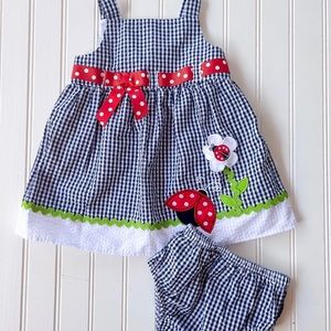 Gingham Infant Dress Set 6/9 Months- Springtime and Ladybugs